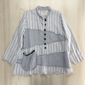 BODIL striped patchwork pocket tunic top blouse lagenlook linen blue XL art work
